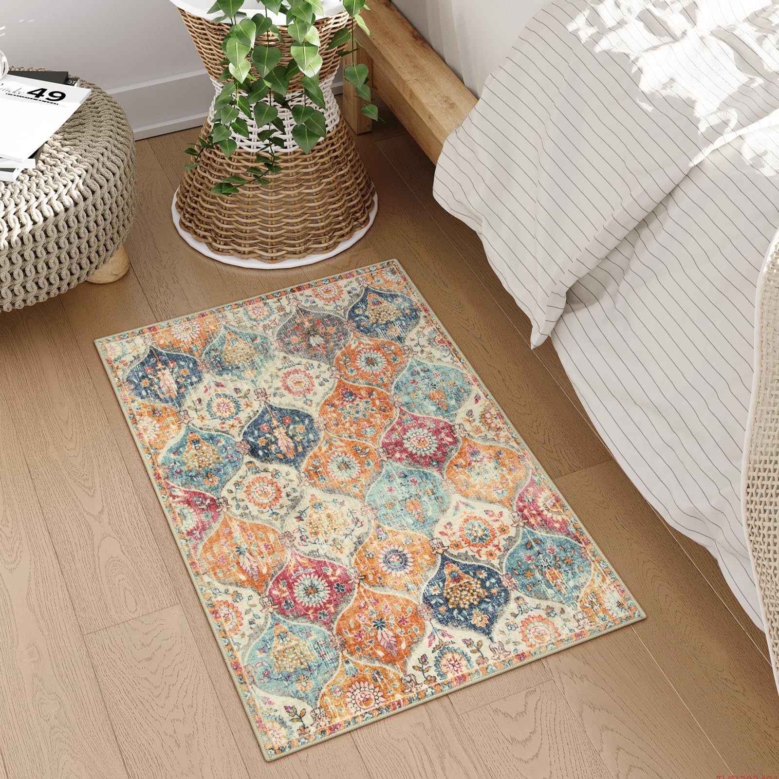 Moroccan Trellis Washable Rug 2×3 Feet Cream Multi Kitchen Entryway Mat