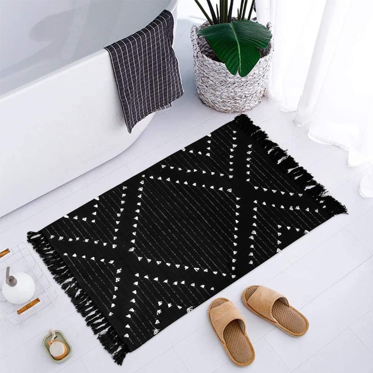 Black Outdoor Entryway Rug, Washable Boho Porch Rug Cotton Front Door Mat, Moroc