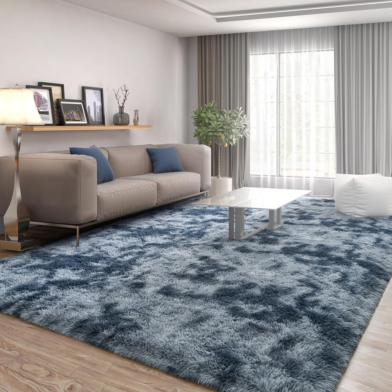 Large 6×9 Feet Tie-Dyed Blue Grey Shaggy Rug – Ultra Soft Plush Carpet