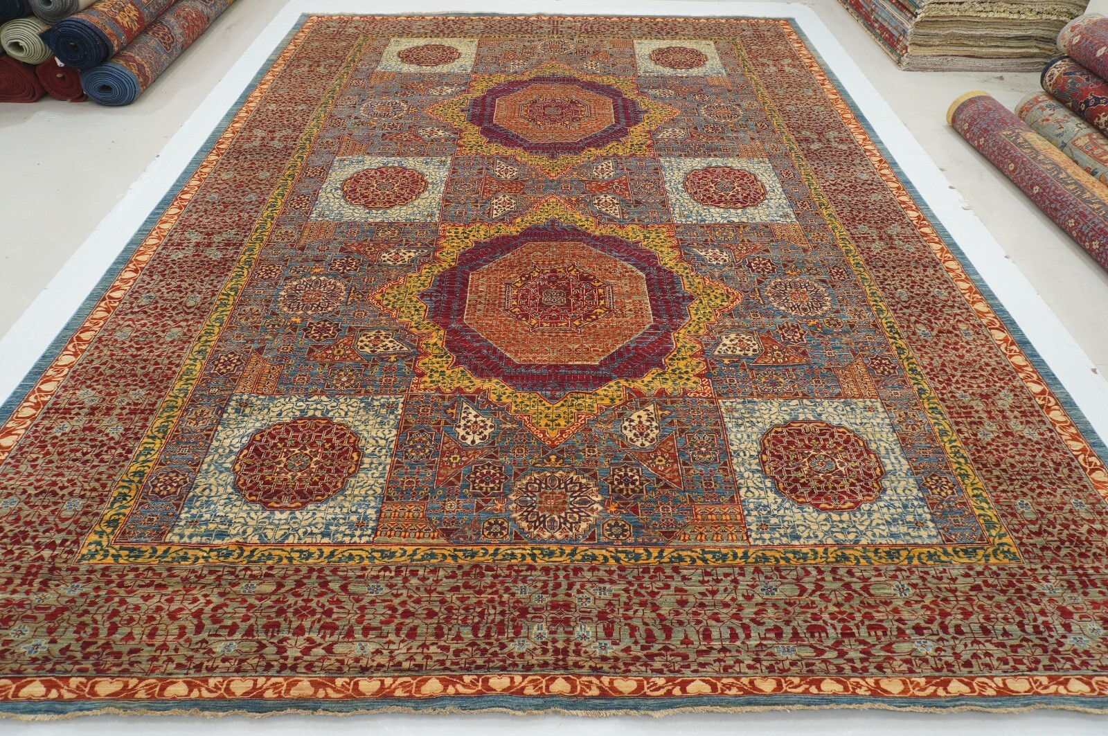10 x 13 ft Blue Mamluk Afghan Hand Knotted Wool Twin Medallion Rug