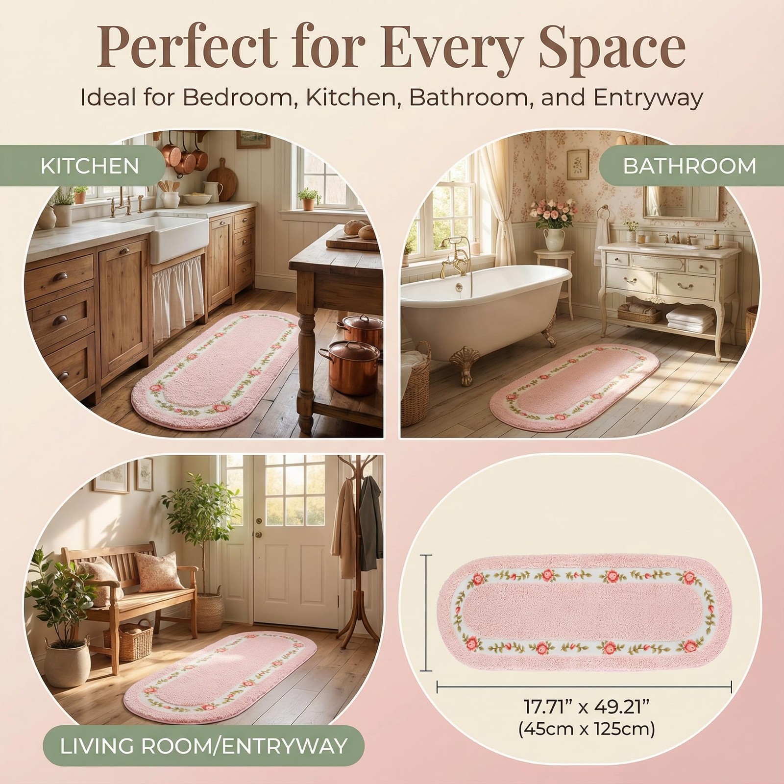 17.71×49.21 Inch Pink Decorative Rose Flower Area Rug Soft Non Slip