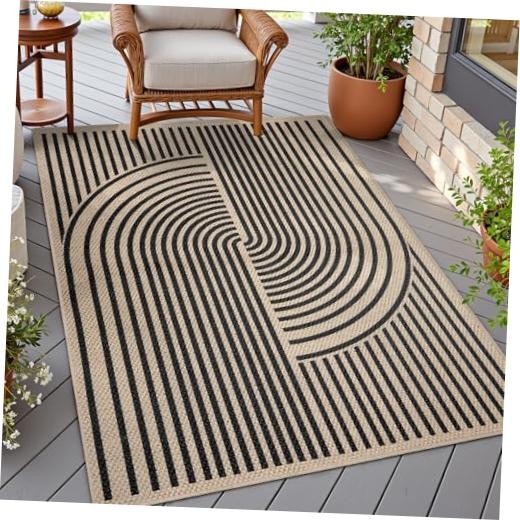 Easy Jute 3×5 Outdoor Rug for Living Room,Non-Slip Thin Rainbow 3x5ft Black