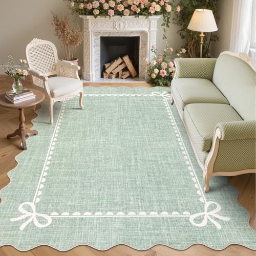 Scalloped Bow Rug 8×10 Washable Rugs for Living Room, Sage Green | Non Slip