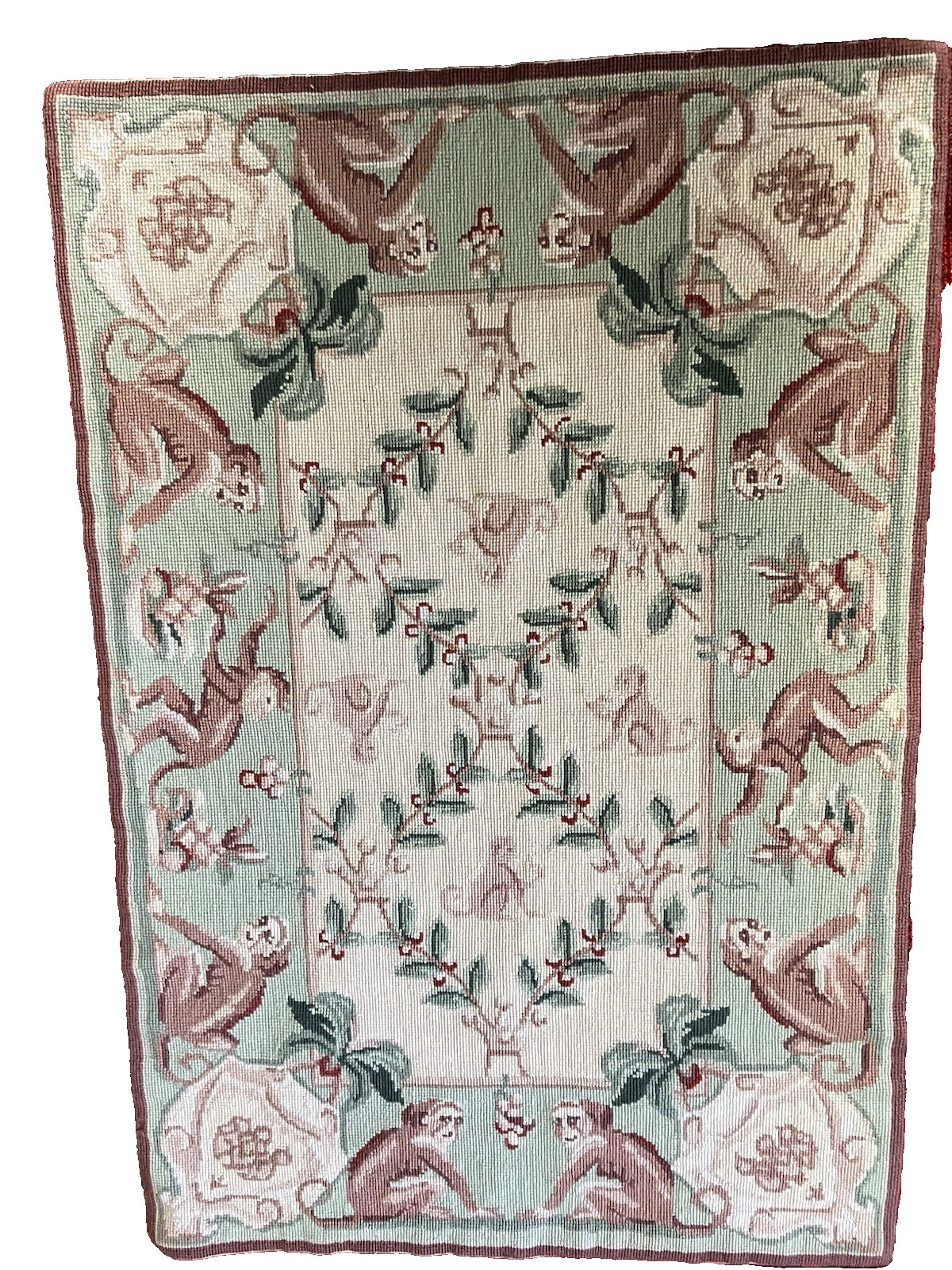 Vintage French Aubusson Needlepoint Monkey Figures Rug or Fabric 34″ x 22″