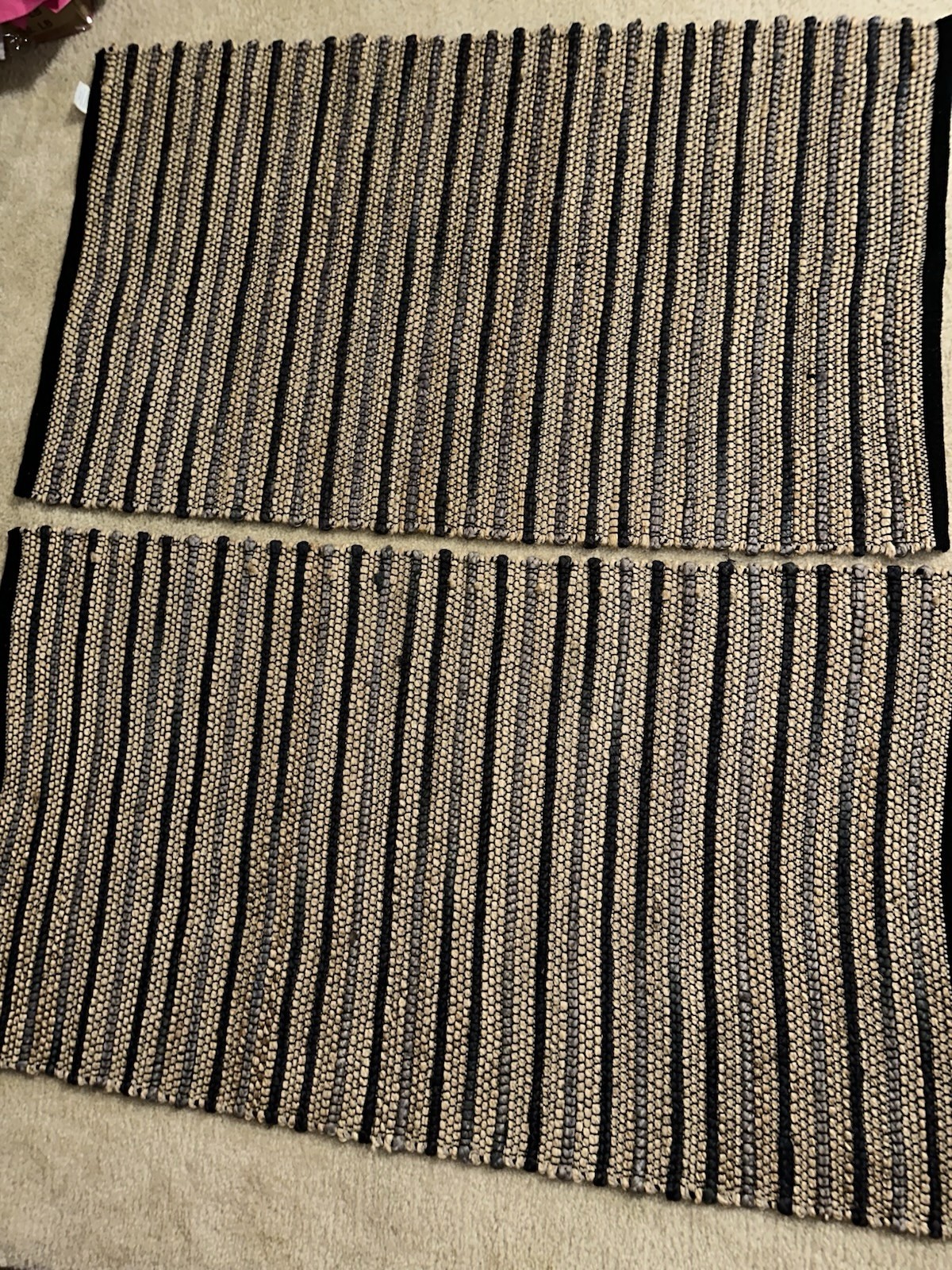 Set Of 2 Black Tan Jute Cotton Rugs Size 45″ x 27″ Brand New