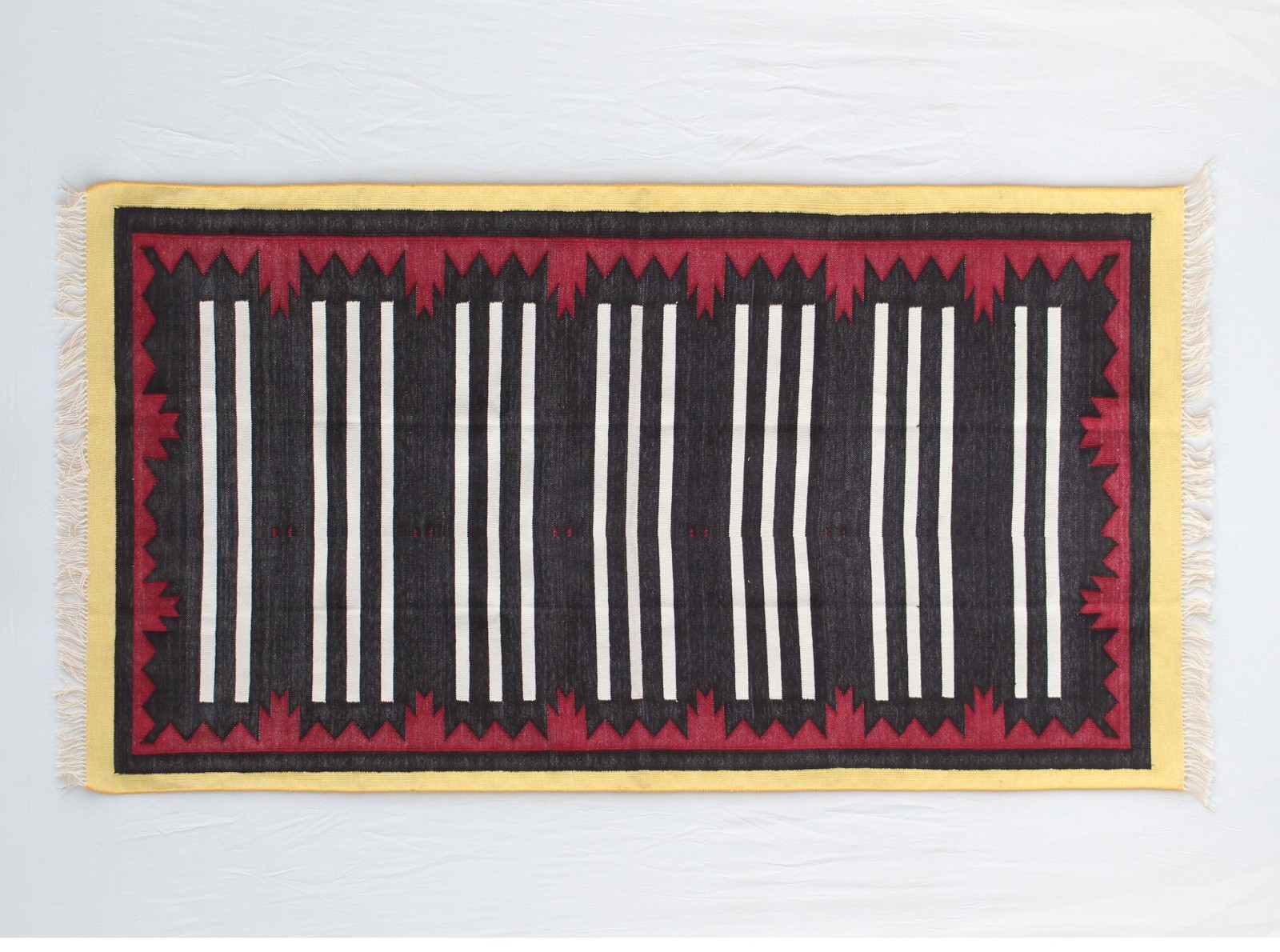 Multi Size Handmade Black White Geometric Rug – Red Yellow Border Cotton Kilim