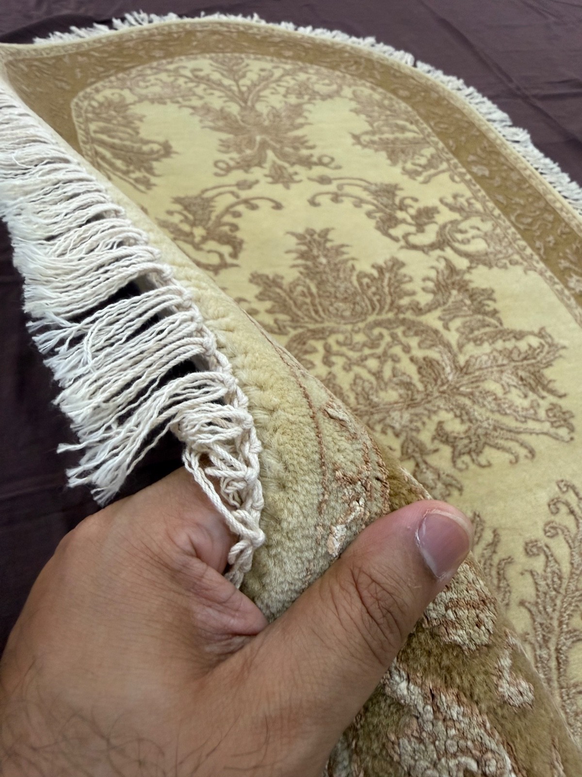 Vintage Hand Knotted Wool Rug Oval Beige-Gold Damask Bedside Rug 70×140