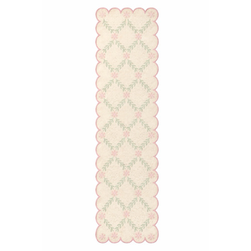 Hand Tufted Wool Area Rug Floral Scalloped Border Pink Green Handmade Home Decor