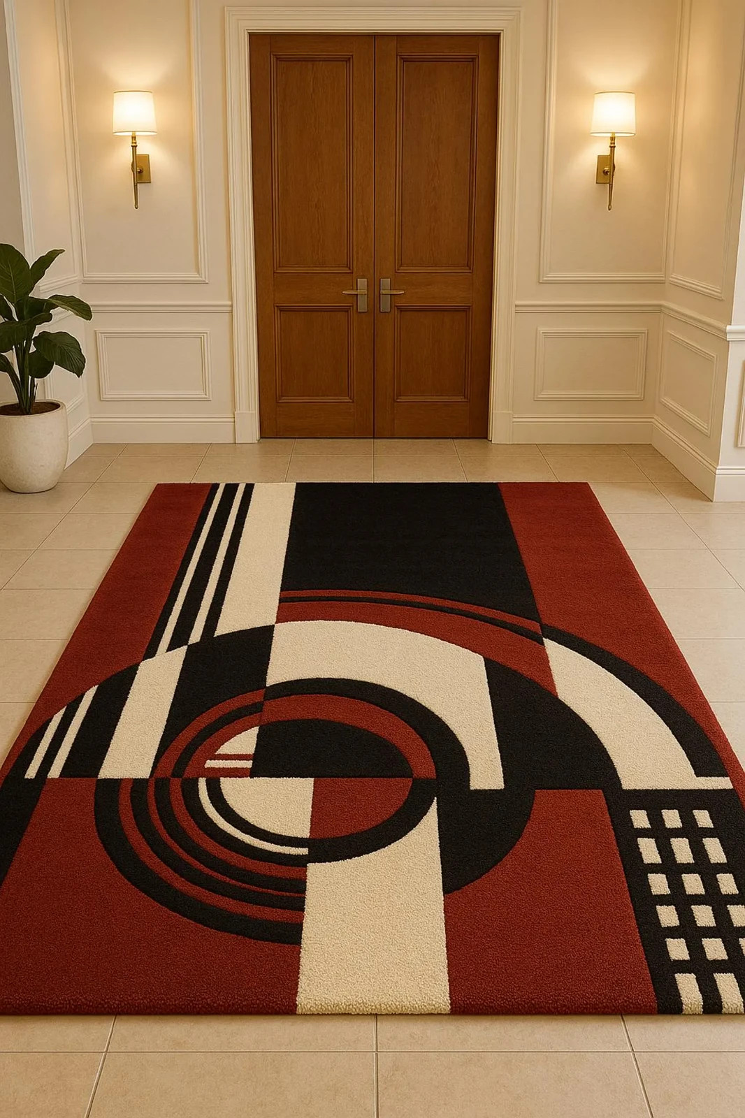 Modern Geometric Hand-Tufted Rug – Red, Black & Cream | Art Deco Style | Premium