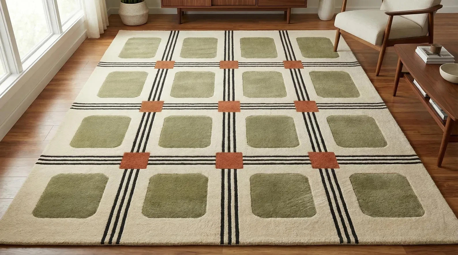 Hand Tufted Wool Rug Modern Geometric Grid Olive Green Rust Living Room Carpet