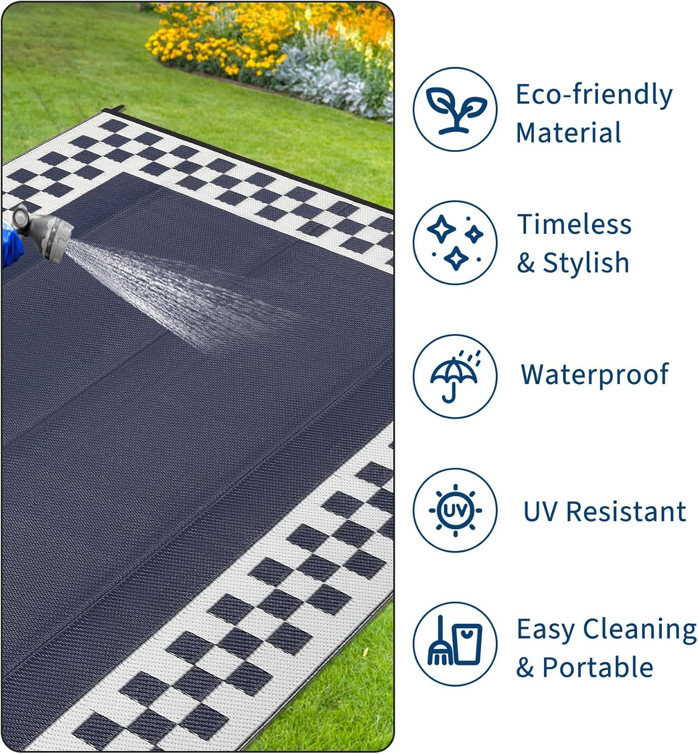 10X14 Large Outdoor Rug Waterproof Weather Resistant Patio Rug with Stakes & Car
