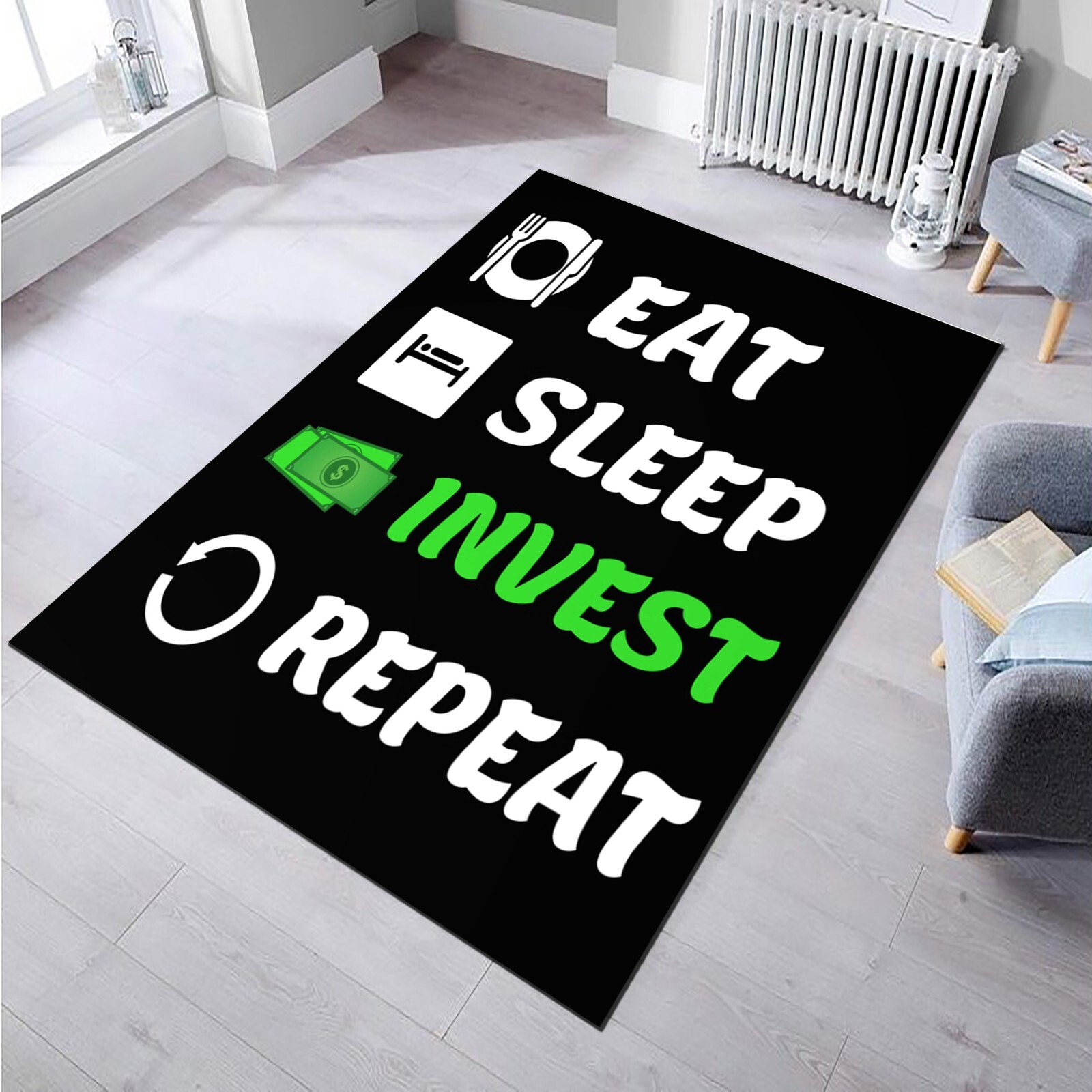 Eat Sleep Invest Area Rug,Printed Repeat Design Rug,Personalized Rug,WashableRug