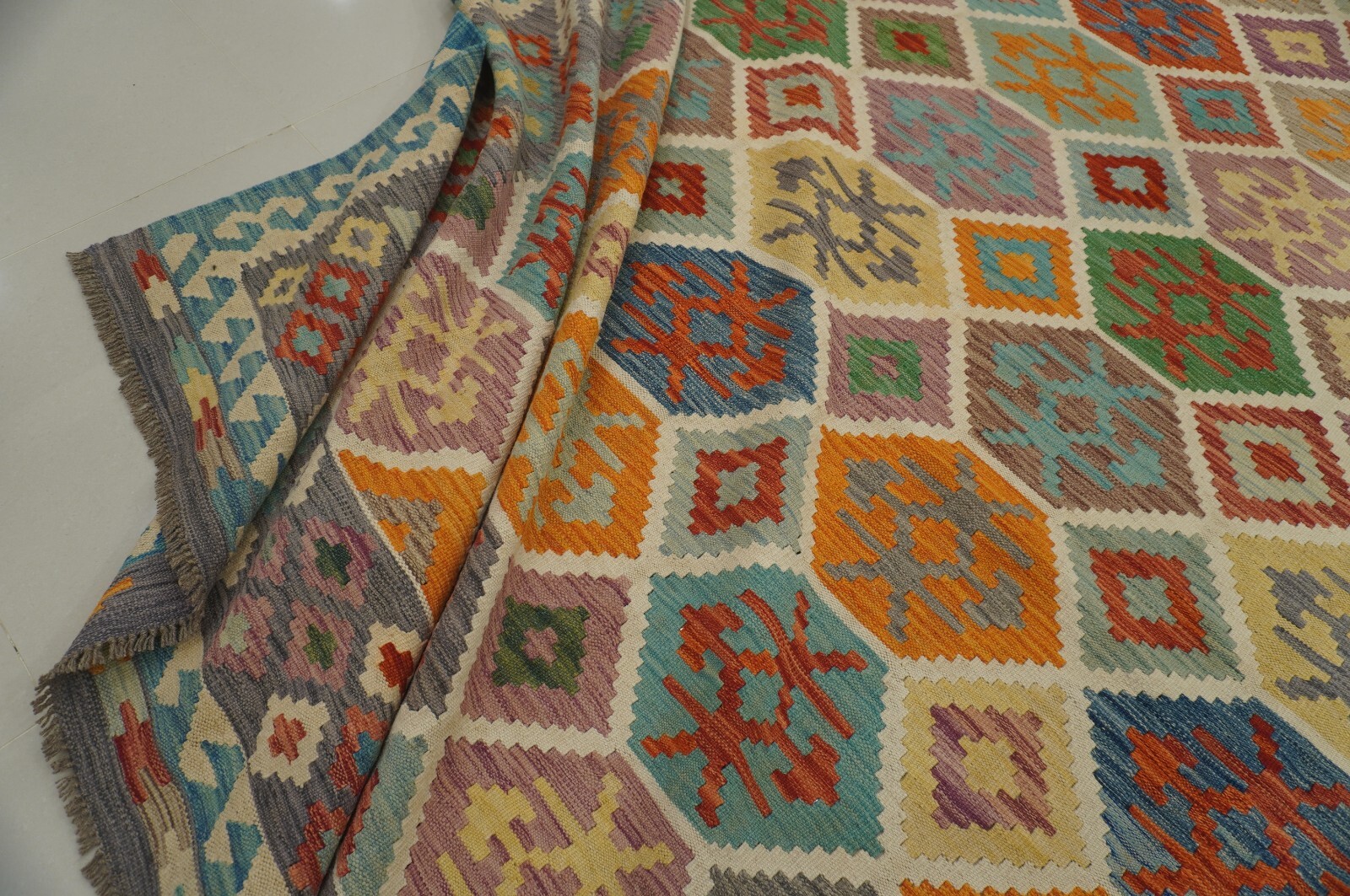 8×11 ft Afghan Beige Hand woven Geometric Veg dyes Wool Kilim Area Rug 8’0x11’3
