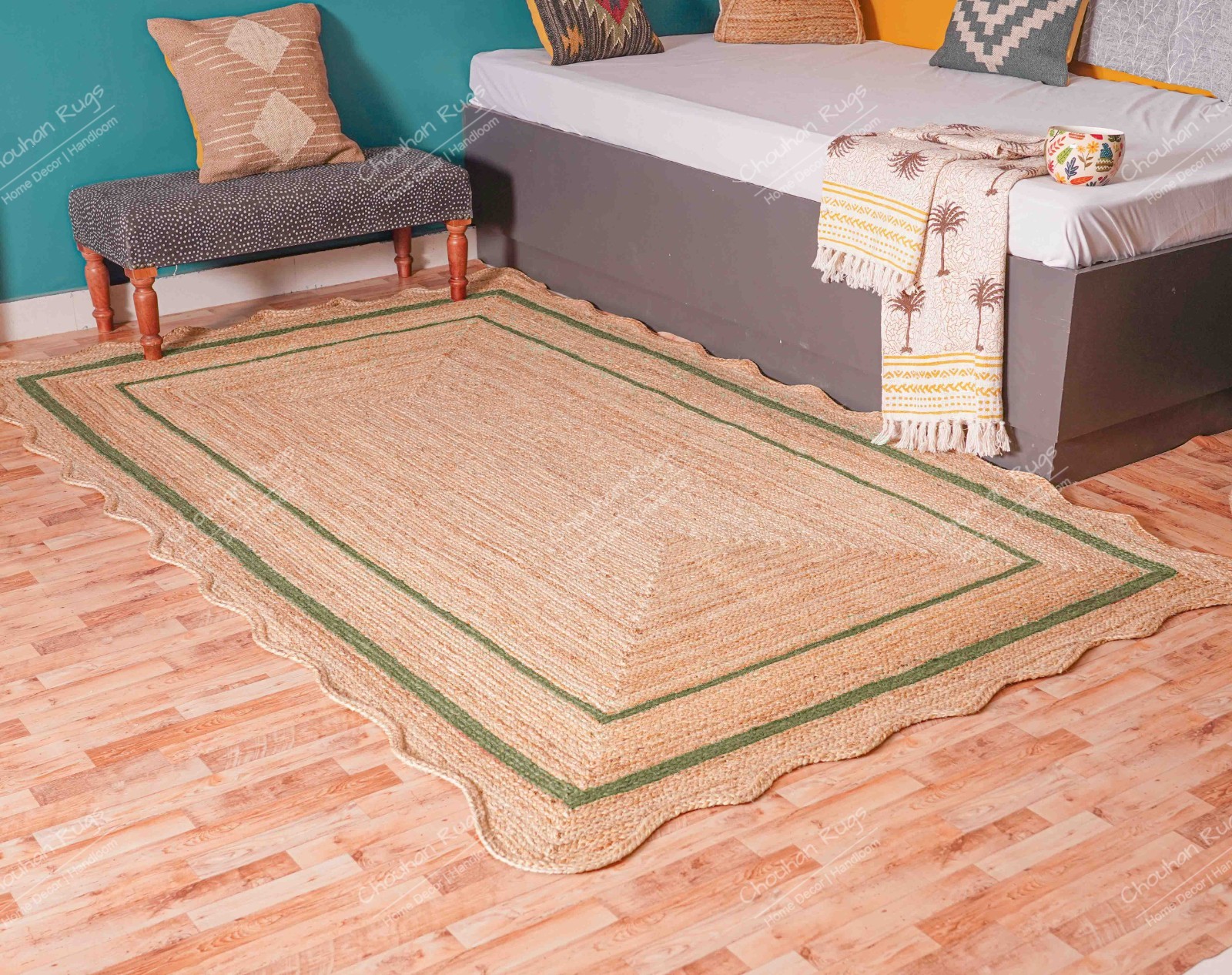 Vintage style Natural Jute Rug with Green Border Boho Large Area Rugs For Home