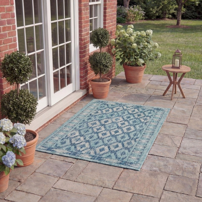 Waterproof Outdoor Area Rug Geometric Design Low Pile Synthetic Fiber Mat New
