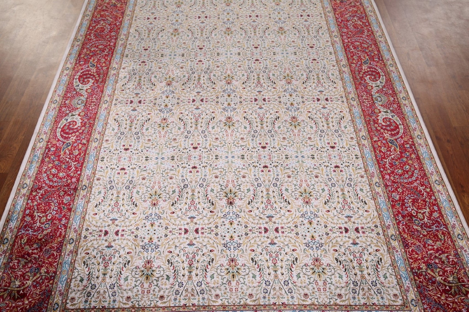 90% Silk Floral Ivory/ Burgundy Traditional Turkish Rug Oriental Carpet 5’x8′