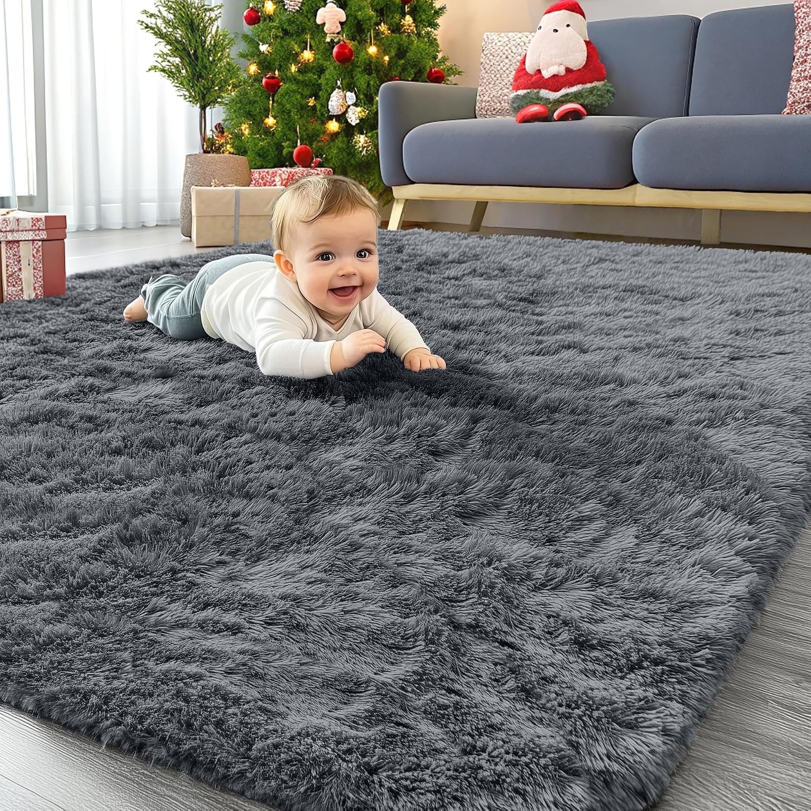 OLANLY Area Rug 4×5.9 ft Machine Washable Soft Fluffy Grey