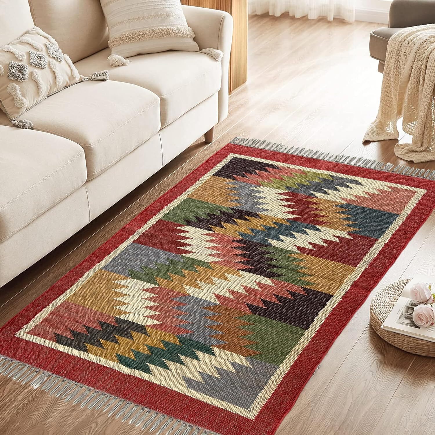 kilim Rug Traditional Kilim Rug Wool Jute Handwoven Decorative Area Carpet