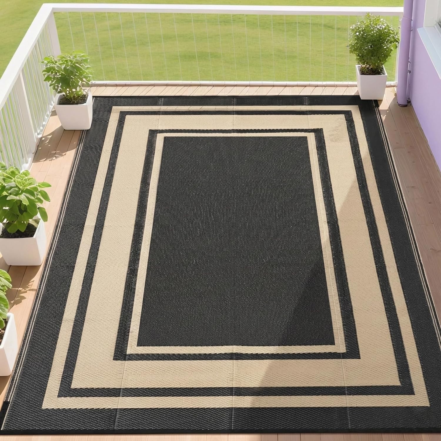 Black and Beige Outdoor Rug 8×10 Waterproof Reversible for Porch Balcony