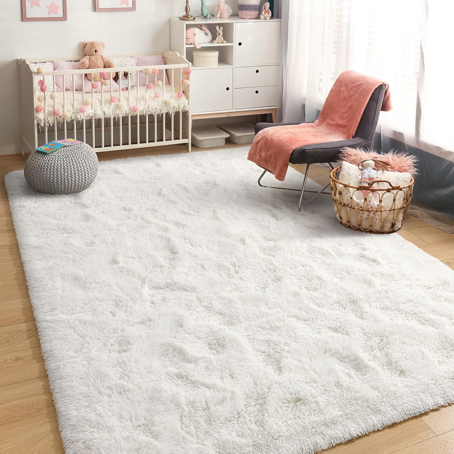 Alfombra Blanca Esponjosa para Sala de 4×6 y Dormitorio Infantil Lavable