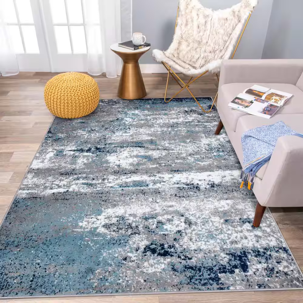 Distressed Modern Abstract Watercolor Blue 5 Ft. X 7 Ft. Area Rug