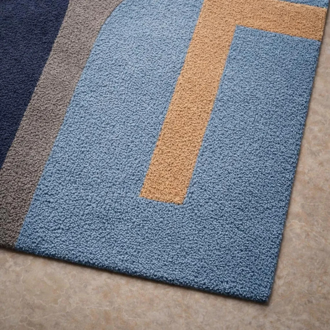 Handmade Wool Tufted Rug, Abstract Geometric Blue Beige Minimalist Area Carpet