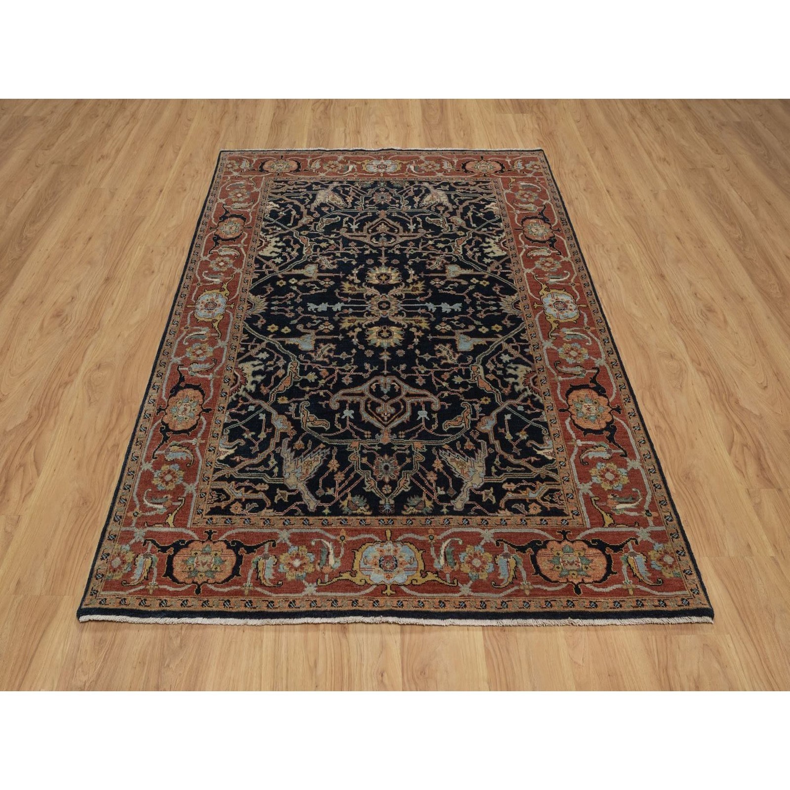 5’1″x7’1″ Navy Blue Antiqued Fine Heris Re-Creation Wool Hand Knotted Rug R92418