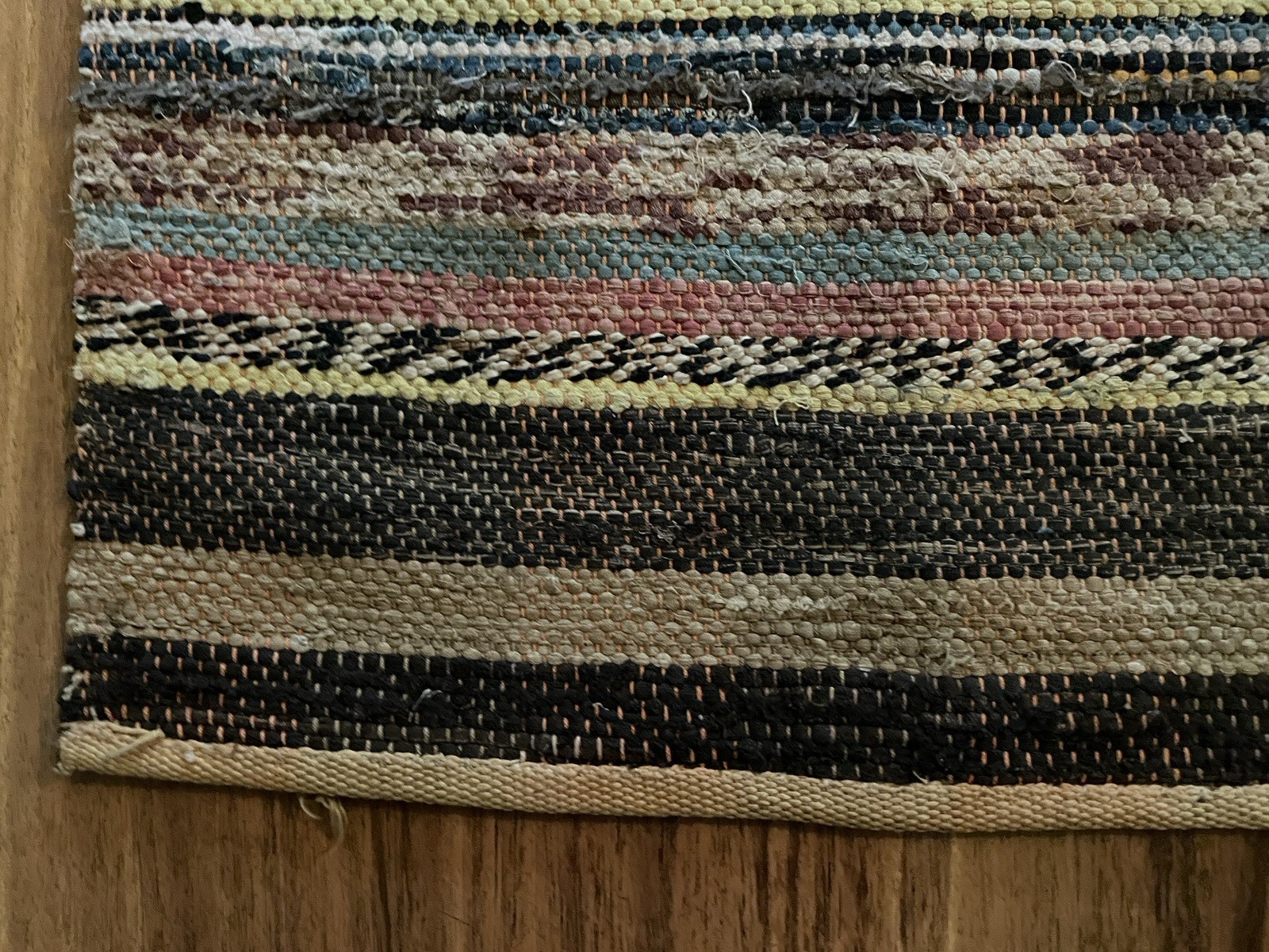 VTG Handmade Woven MCM Rag Rug 89×31 Farmhouse Country Blue Red Black Brown