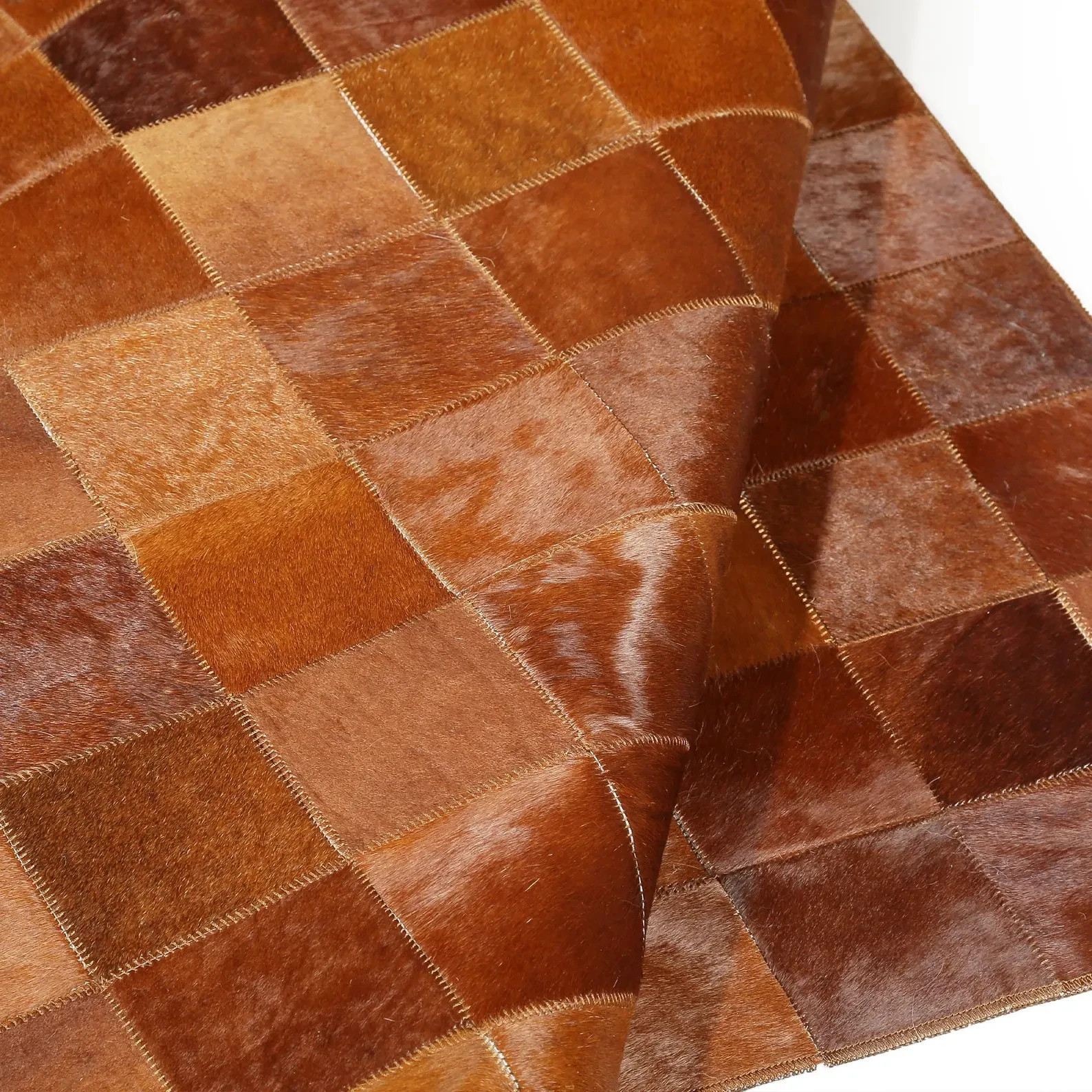Handmade Brown Cowhide Patchwork Rug Hair on Hide Leather Area Rug Modern Carpet