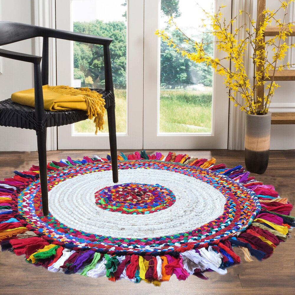 24″ Round Chindi Rug Dhurrie Jute Kitchen Floor Mat Door Table Multi Color 2ft