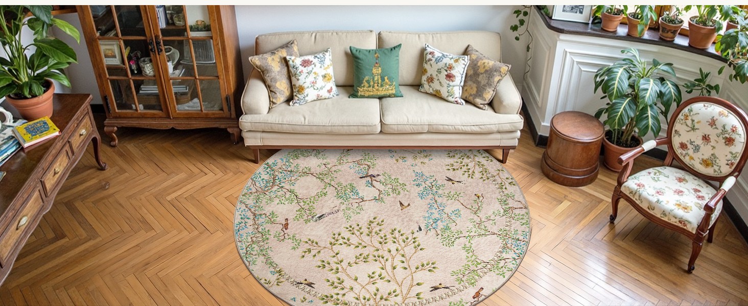 Yarden Round Rugs 5ft Beige Botanical Birds Print Machine Washable 5′ Circle