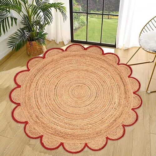 Rug Round Jute Scallop Design Natural Floors Rug Beige RED Black Handmade Carpet