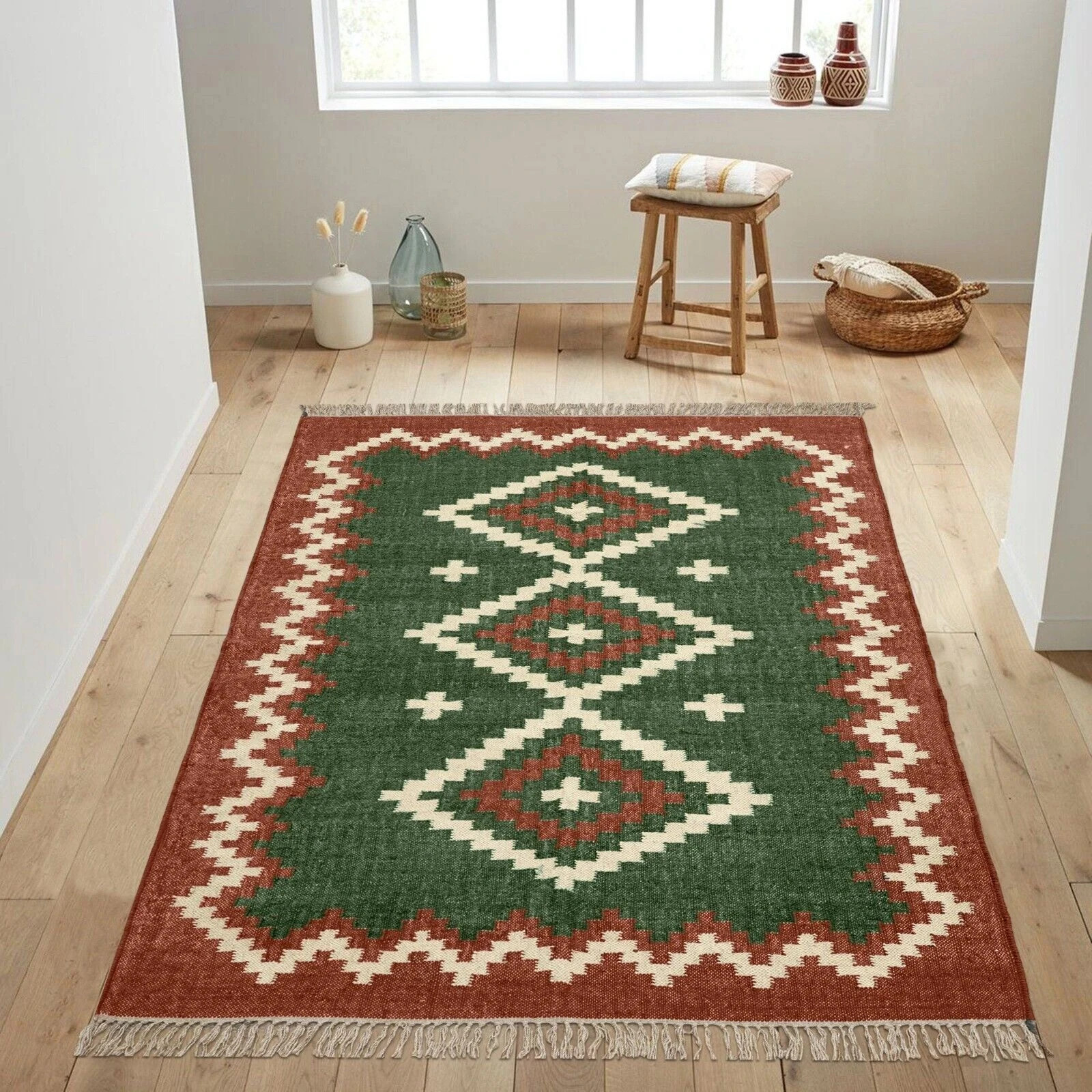 Tribal Jute Wool Kilim Rug Living Room Reversible Colorful Handmade Area Rug Mat