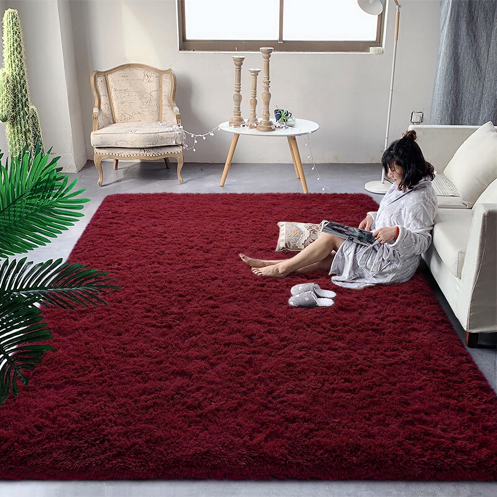DweIke Fluffy Burgundy Red Rugs for Bedroom Living Room, 3×5 Feet Soft Plush …