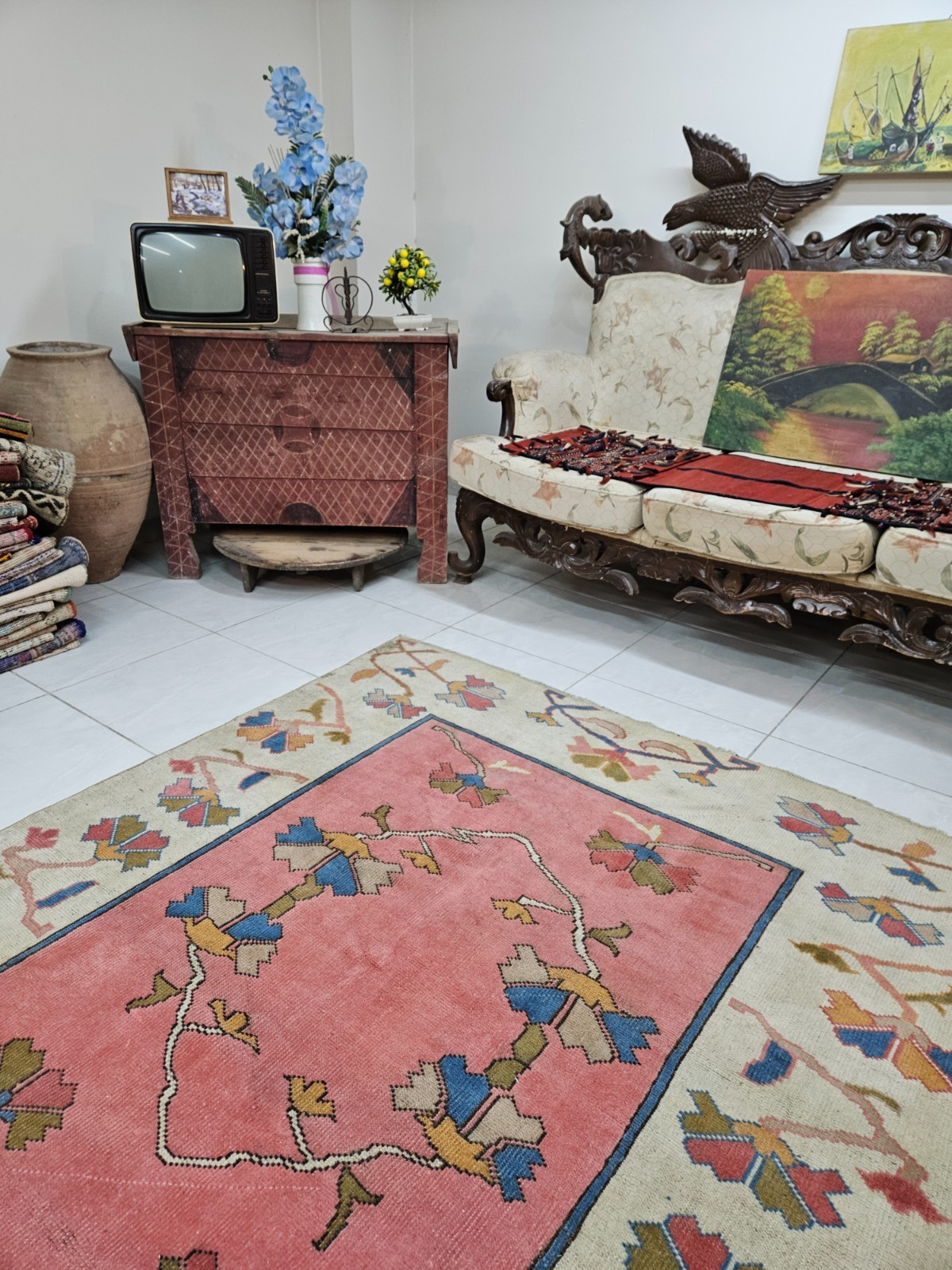 Vintage Floral Area Rug, 4.8 x 5.7 ft Unique Bohemian Rug, Beige and Pink Rug