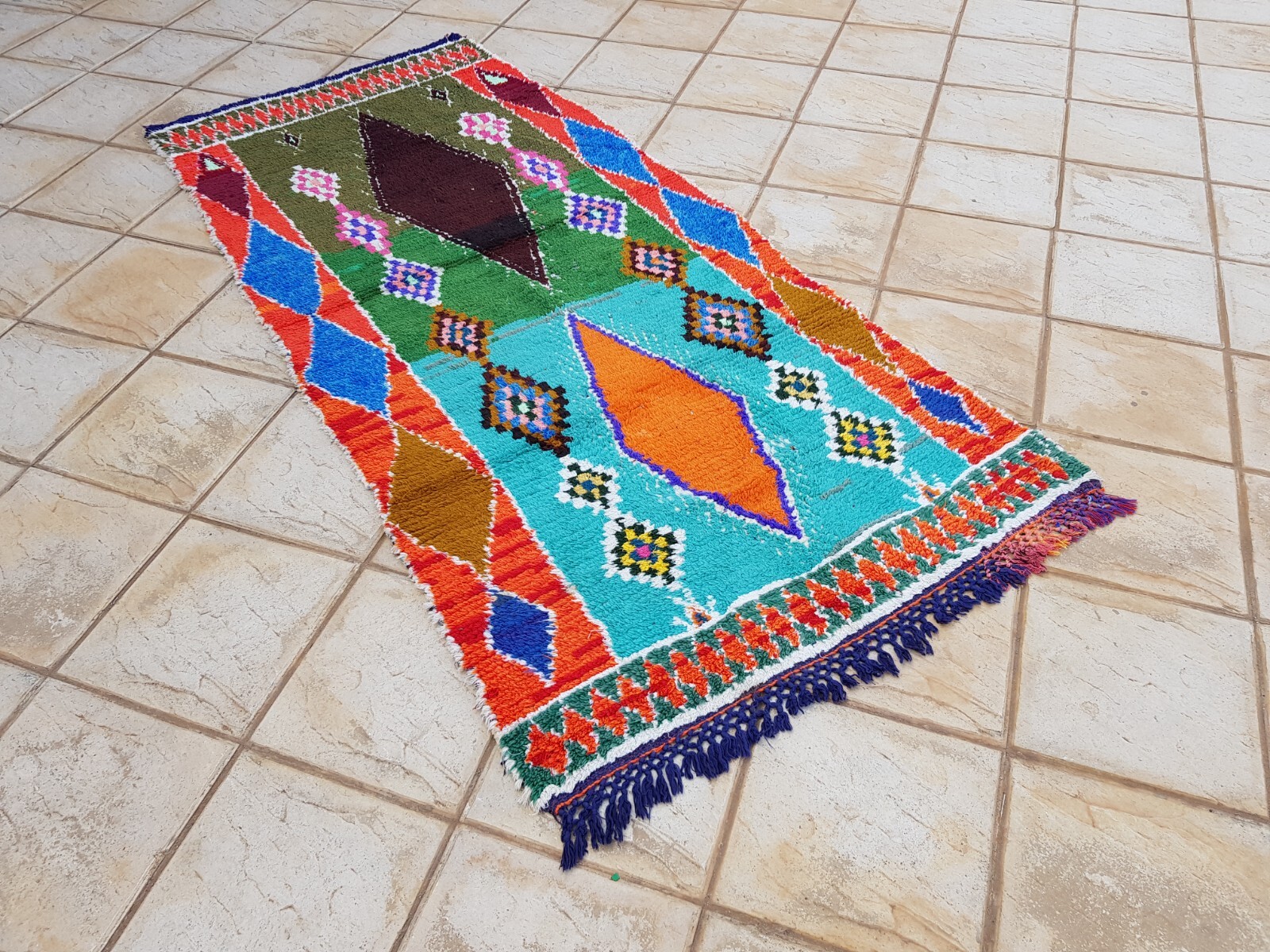 Moroccan Vintage Boucherouite Rug 7’4×3’5″Ft Berber Carpet, Vintage Azilal Rug