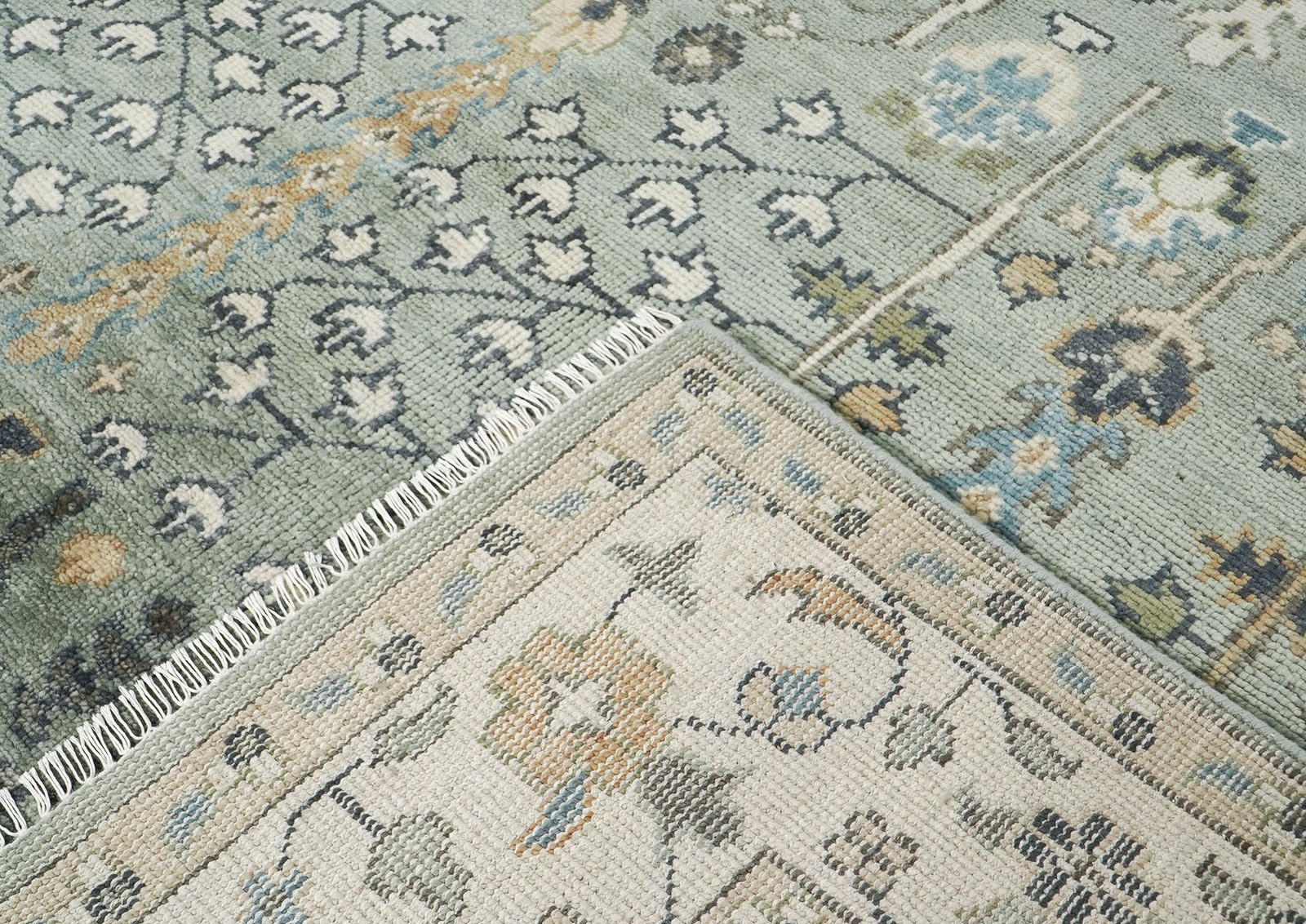 10×14 Hand Knotted Wool Celadon, Beige Oushak Transitional Rug