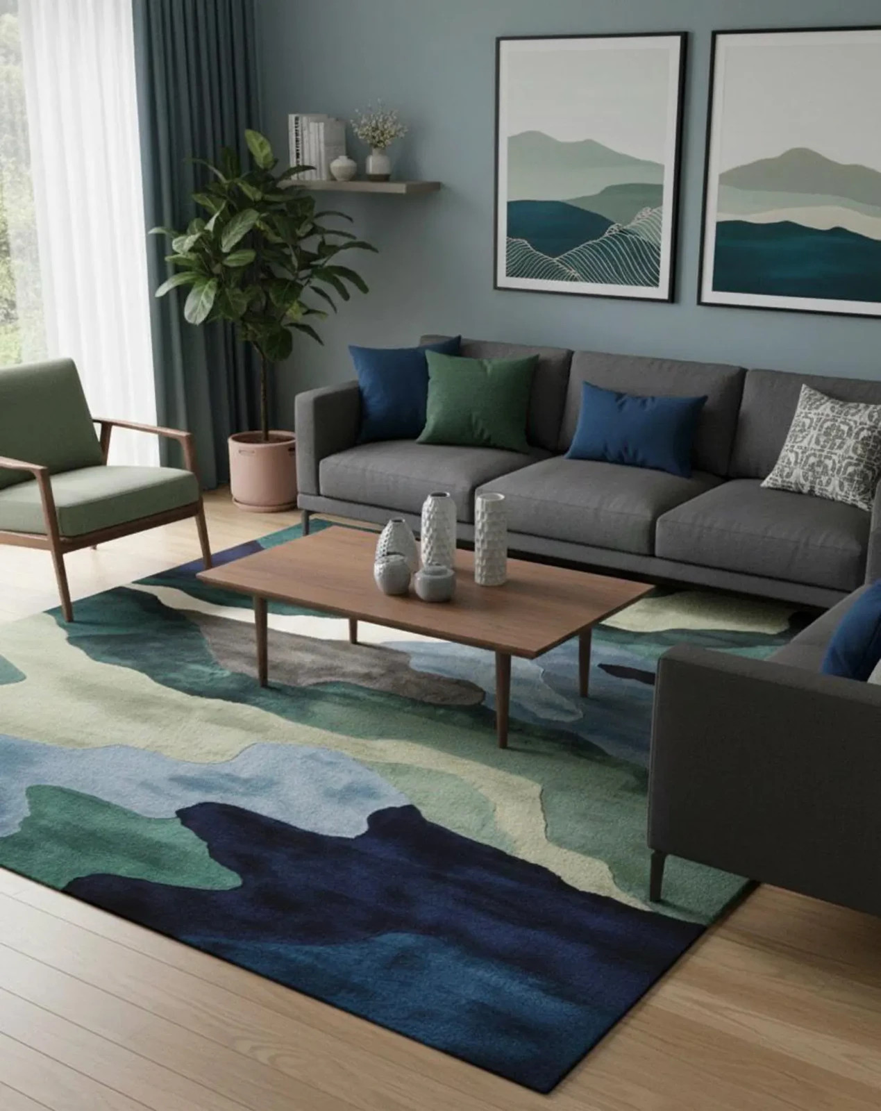 Modern Abstract Blue & Green Hand-Tufted Wool Area Rug – Contemporary Organic