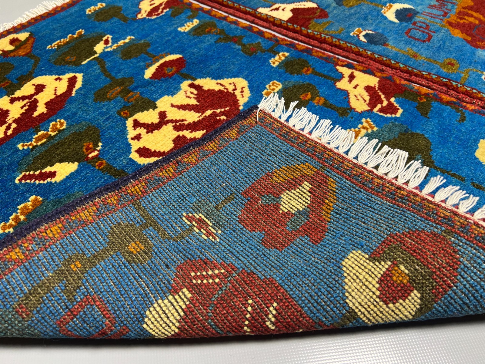 2×2 Set of 2 Afghan Blue Poppy Rugs Handmade Wool Opium Floral Tribal Accent
