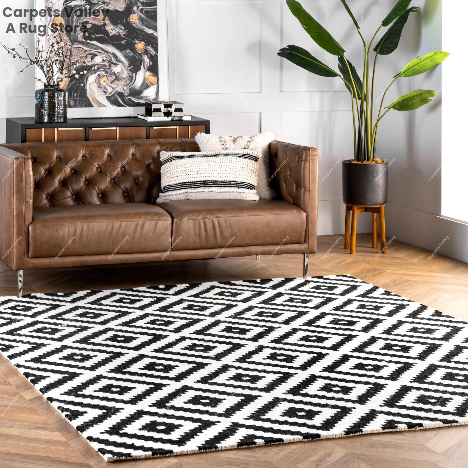 Dimond trellis Black Hand-Tufted Wool Area Rug Carpet Soft and Durable Home Deco