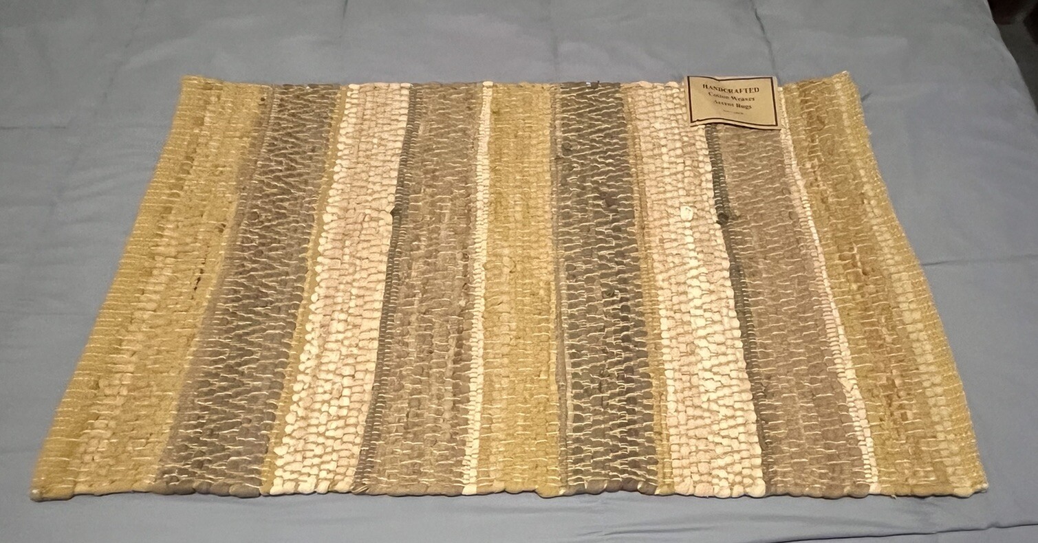 Handcrafted Woven Rag Rug 24”x36” Yellow Tan 100% Cotton India NWT