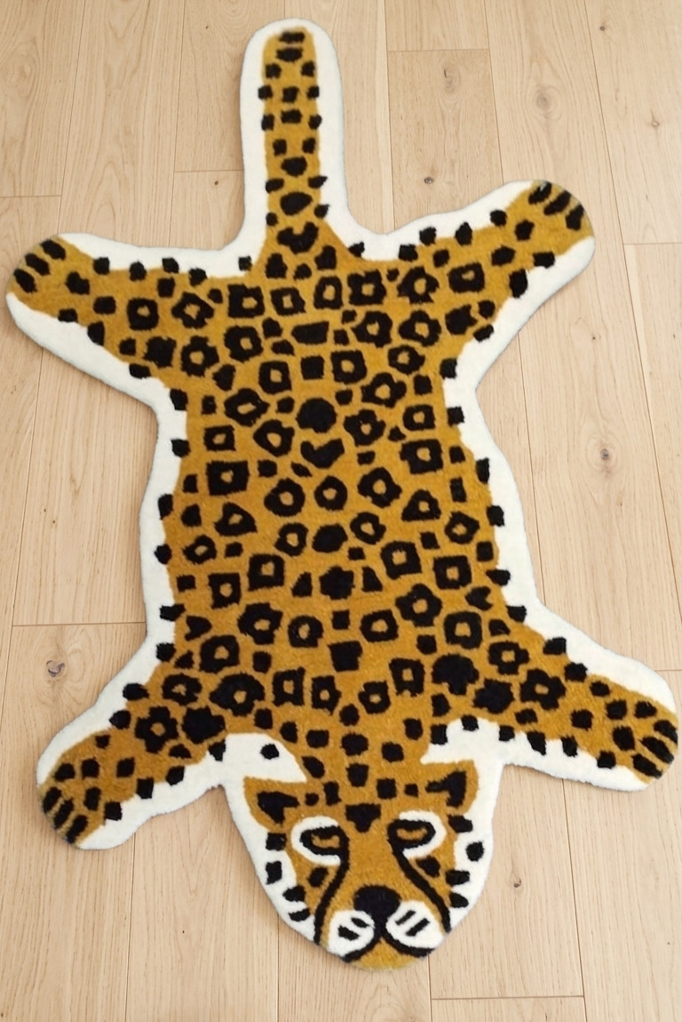 Handmade Leopard Print Wool Rug – Tufted Animal Shaped Accent Area Carpet Decor