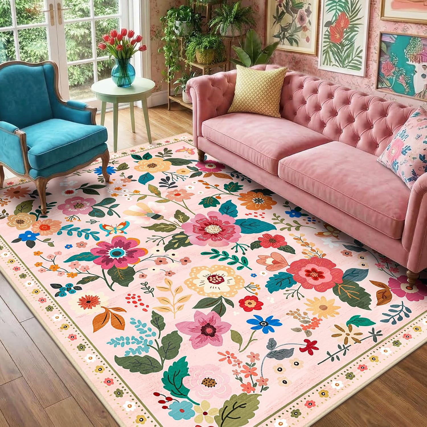 RELEANY Floral 5X7 Area Rug Machine Washable Soft Print Boho Carpet Non Slip Doo