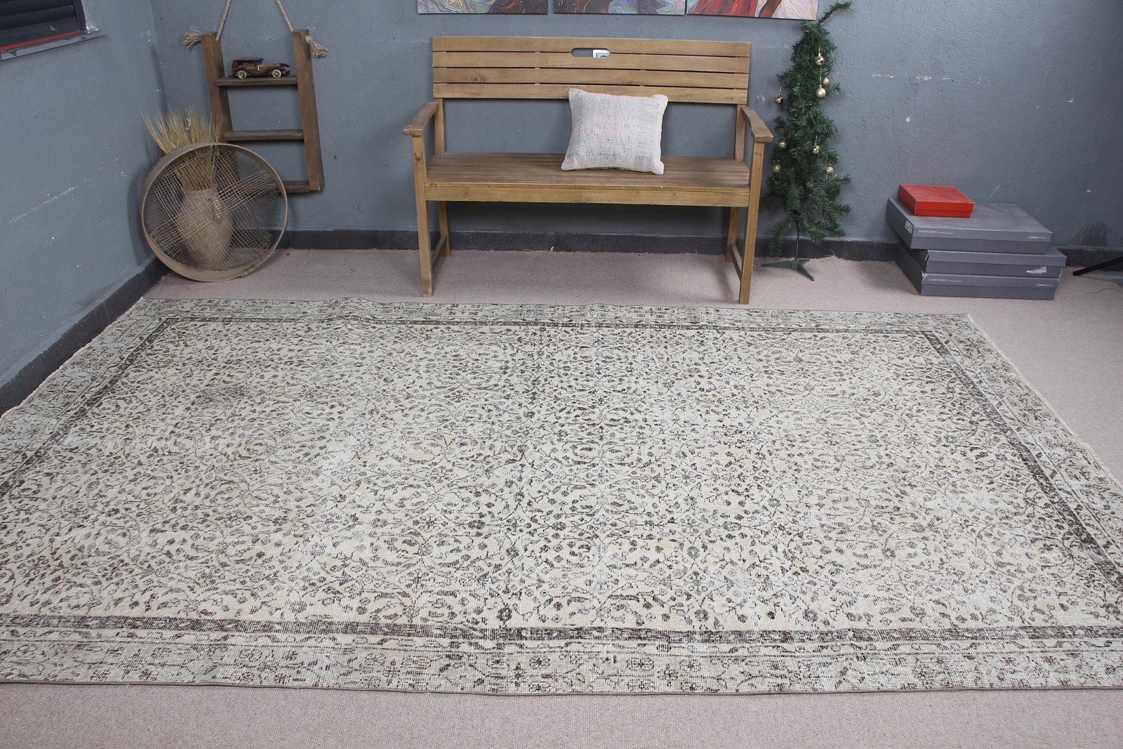 Turkish Rug, Large 6,4×10,4 ft Vintage Rug, Gray Brown Handmade Wool Rug