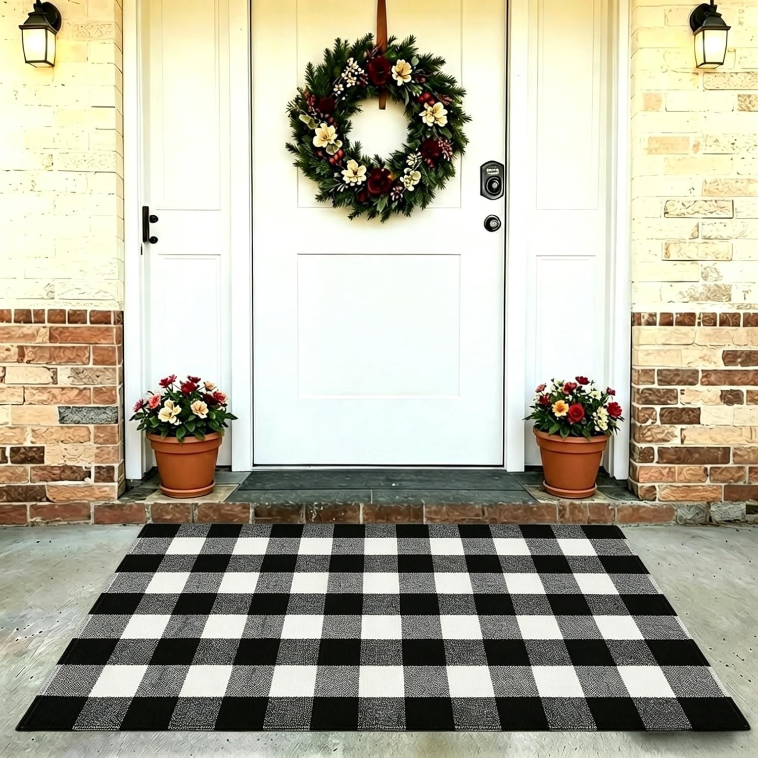Outdoor Buffalo Plaid Rug 3×5 Black and White Layering Doormat for Porch and …