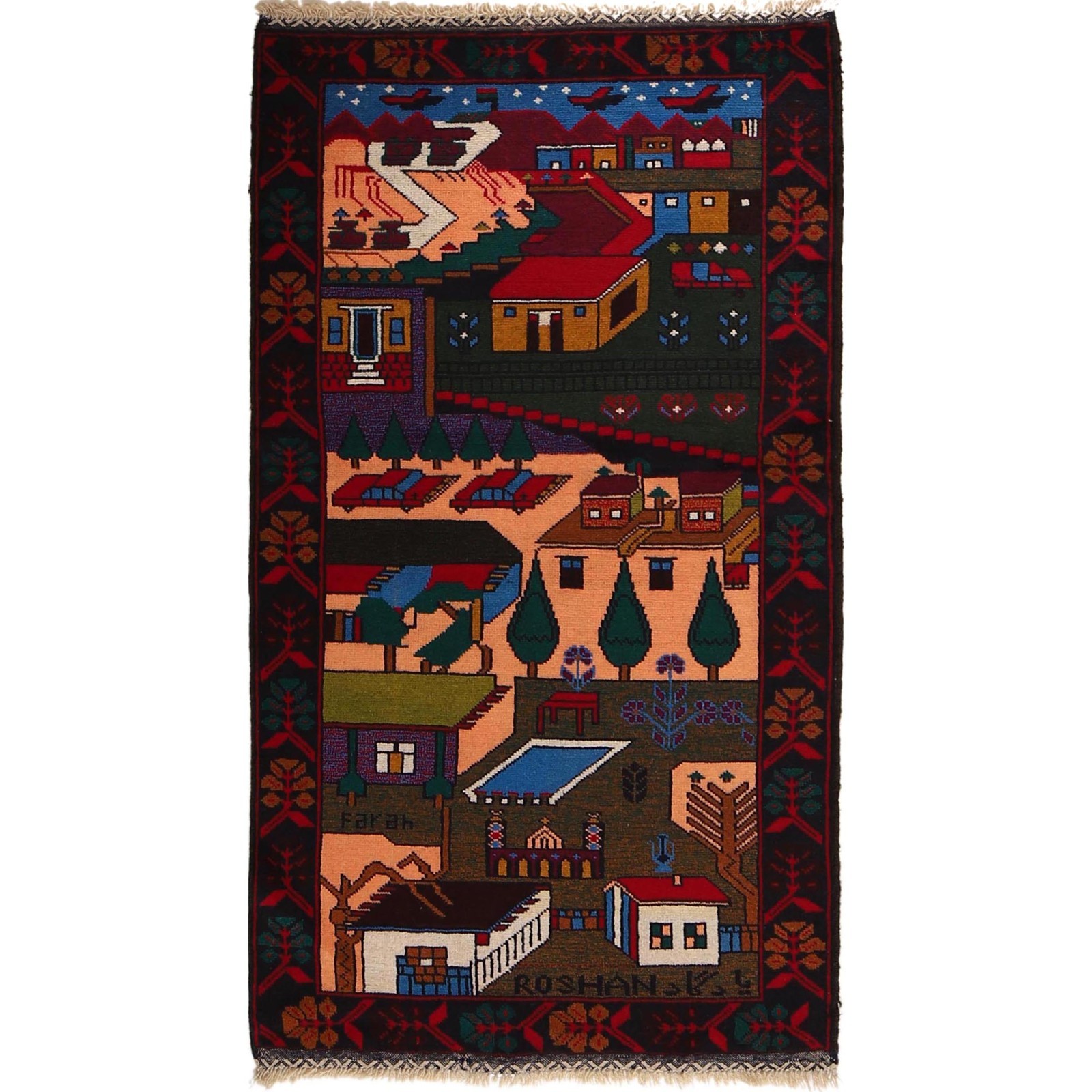 Village Scenery Handmade Pictorial Rug 2’8×4’10ft Wool Area Afghan Made Rug 7952