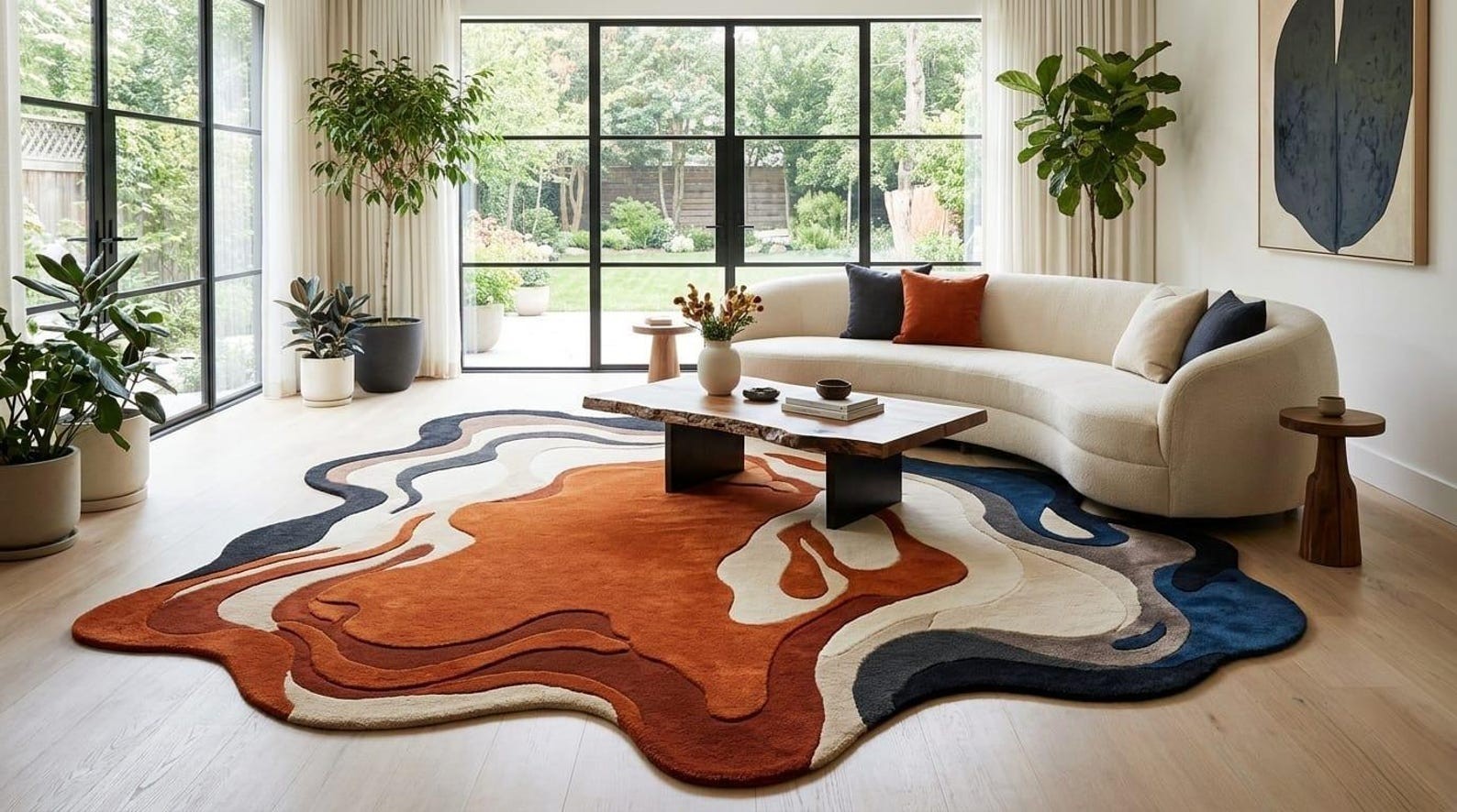 Large Irregular Shape Rug Abstract Navy Orange Topographical Modern Wavy Carpet