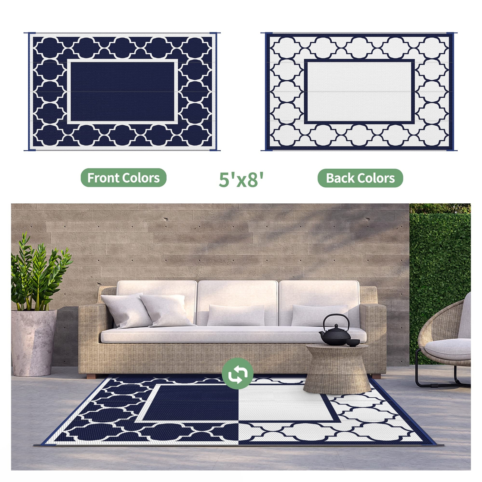 5′ x 8′ Outdoor Rug Waterproof Reversible for Patio Camper and Beach Blue/White