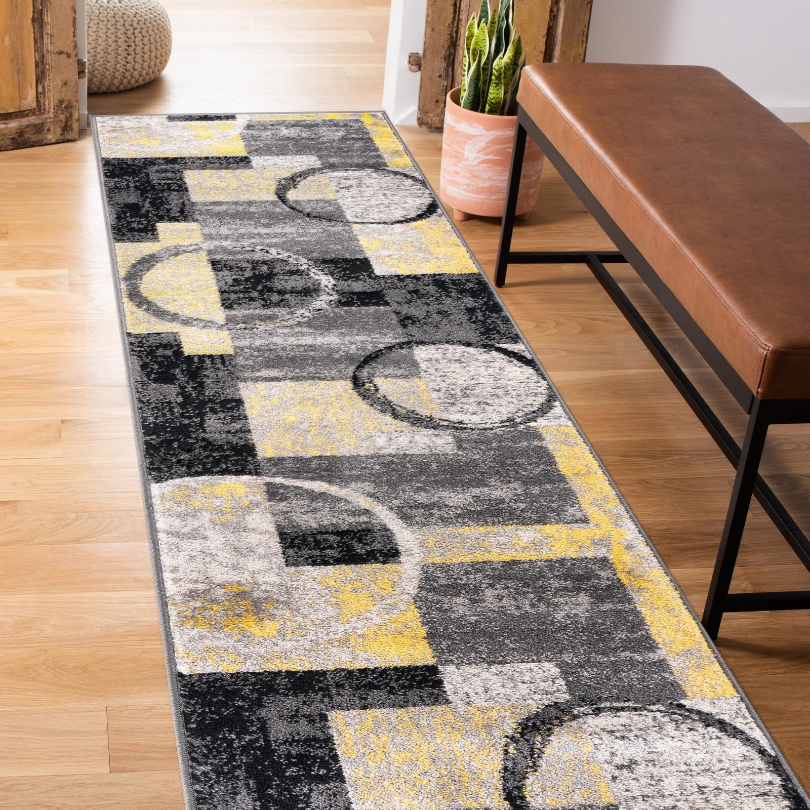 Contemporary Yellow Abstract Circles 2×7 Runner Rug Soft Durable Easy Care