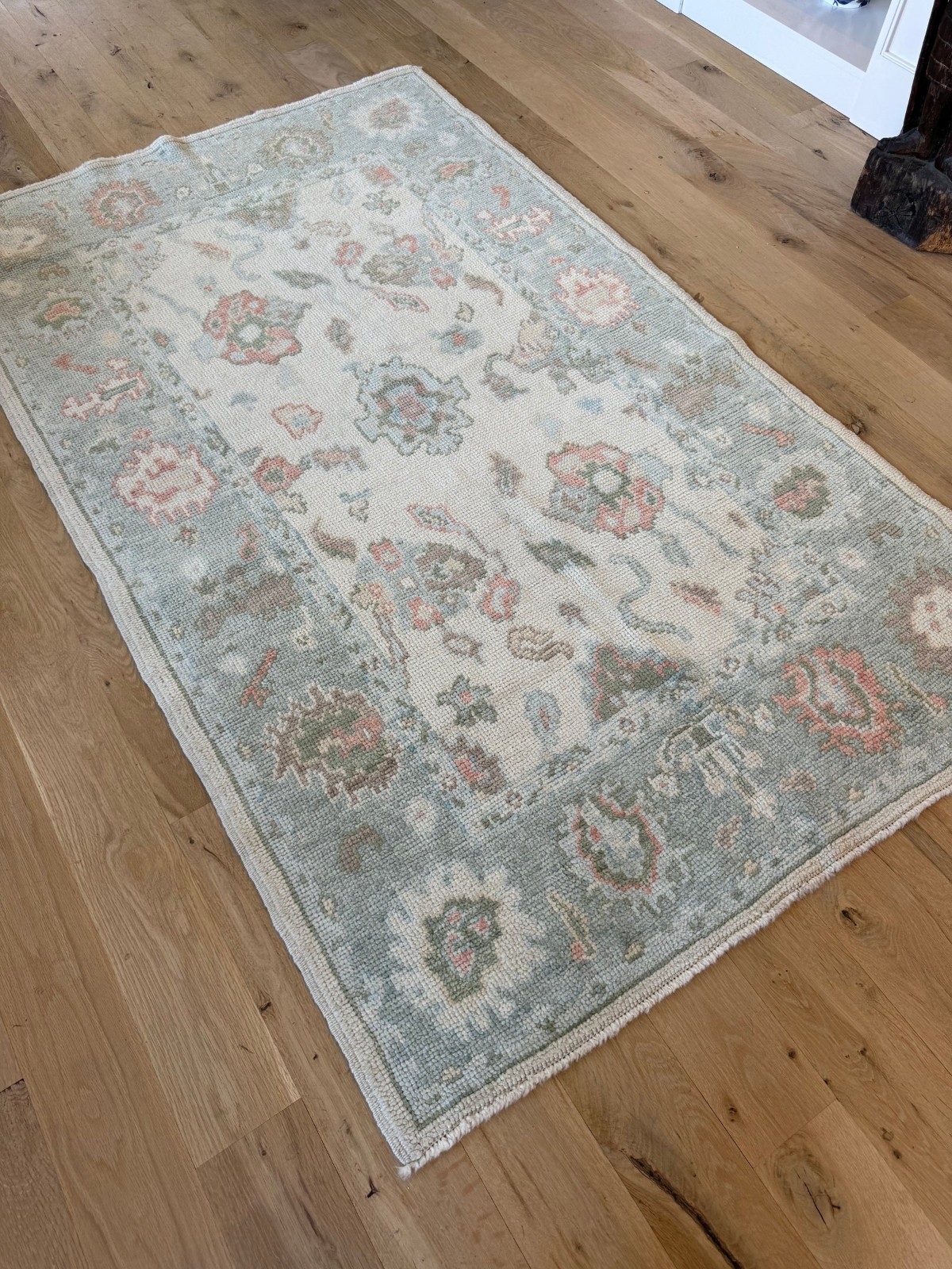Ivory Aqua Hand Knotted Oushak Wool Area Rug, Distressed Floral Design